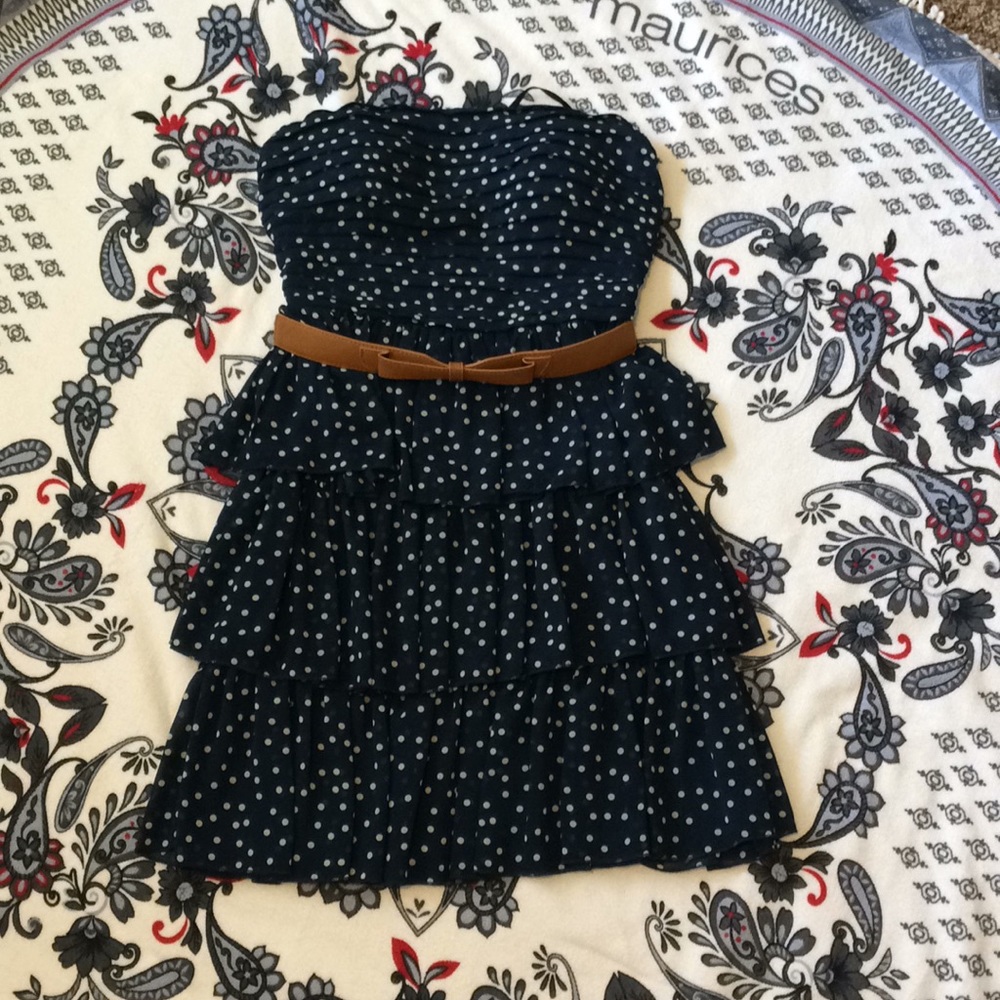 Jodi Kristopher navy strapless dress polka dot